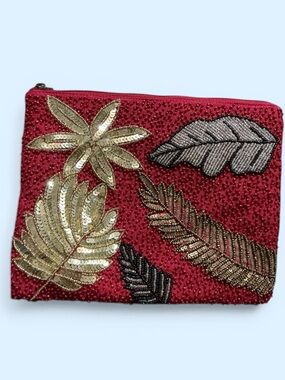 America & Beyond Beaded Leaf Embellished Travel Makeup Bag Wristlet